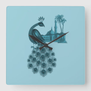 Romantic Blue Peacock Square Wall Clock