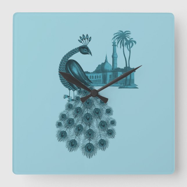 Romantic Blue Peacock Square Wall Clock (Front)
