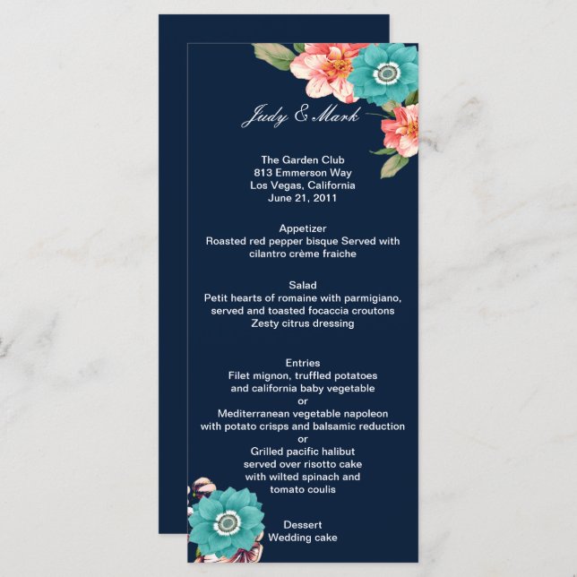 Romantic Blue Pink Floral Botanical Wedding Menu (Front/Back)