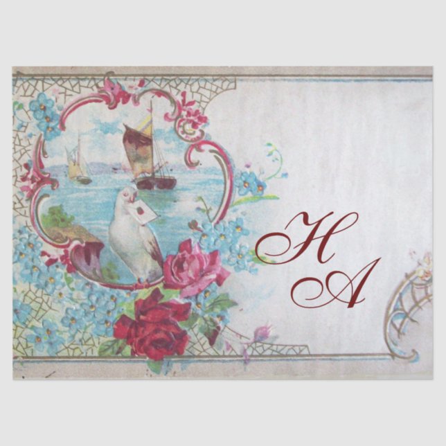 ROMANTIC BLUE PINK FLORAL,DOVE,ROSES AND SEASCAPE  TISSUE PAPER (Front)