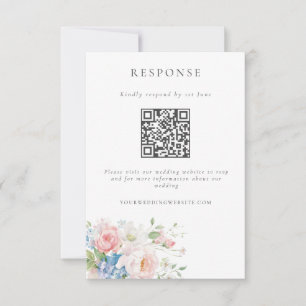 Romantic Blue & Pink Pastel Floral QR Code Wedding RSVP Card