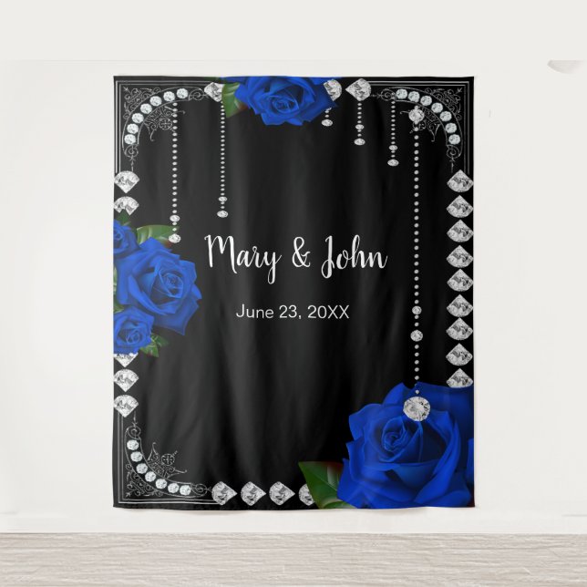 Romantic Blue Roses And Diamonds Photo Backdrop Tapestry (Front)