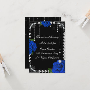 Romantic Blue Roses And Diamonds Reception Card