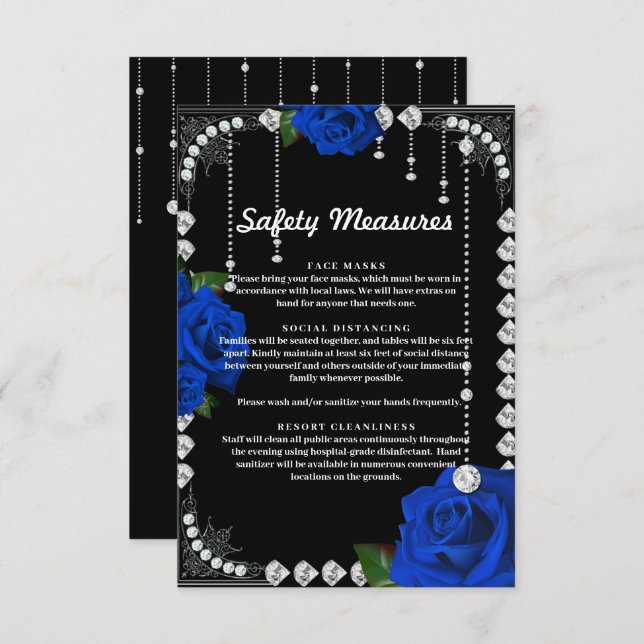 Romantic Blue Roses And Diamonds Safety Measures Card (Front/Back)