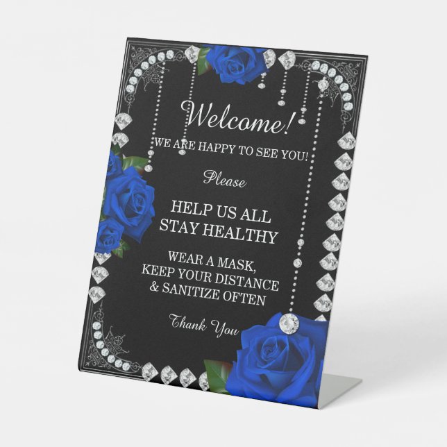 Romantic Blue Roses And Diamonds Safety Measures Pedestal Sign (Front)