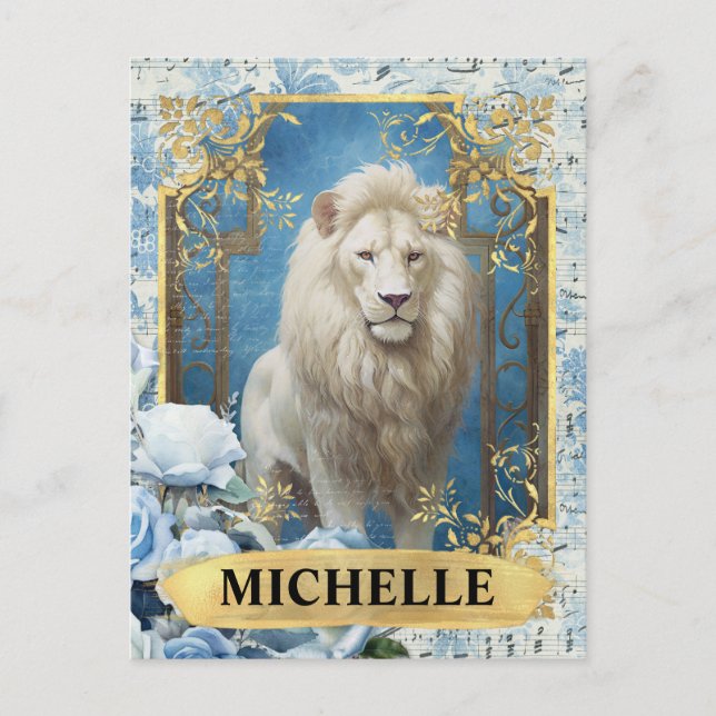 Romantic Blue Roses and Lion Fantasy Postcard (Front)