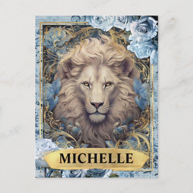 Romantic Blue Roses and Lion Fantasy Postcard (Front)