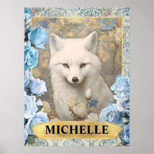 Romantic Blue Roses and White Fox Fantasy Poster