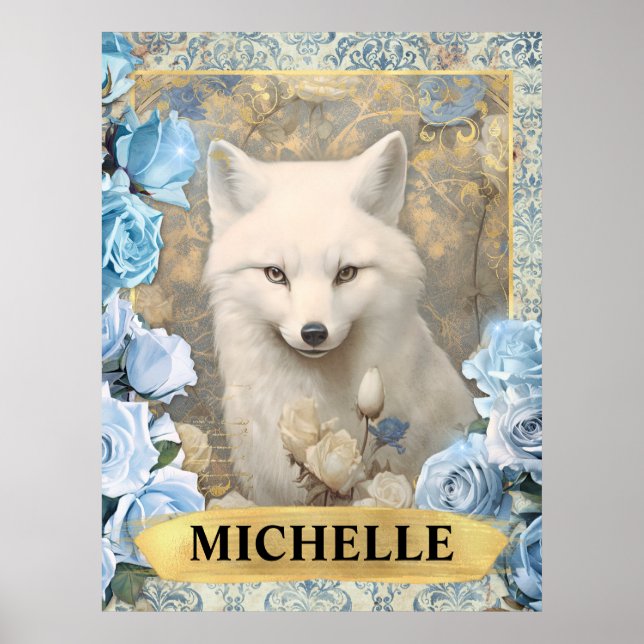 Romantic Blue Roses and White Fox Fantasy Poster (Front)
