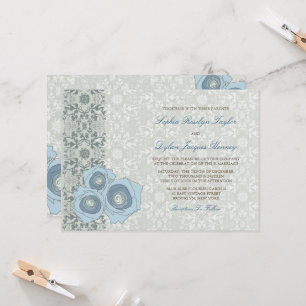 Romantic Blue Roses Damask Lace Elegant Wedding Invitation
