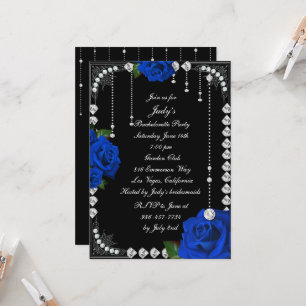 Romantic Blue Roses & Diamonds Bachelorette Party Invitation