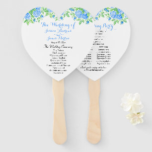 Romantic Blue Roses Floral Heart Wedding Program Hand Fan