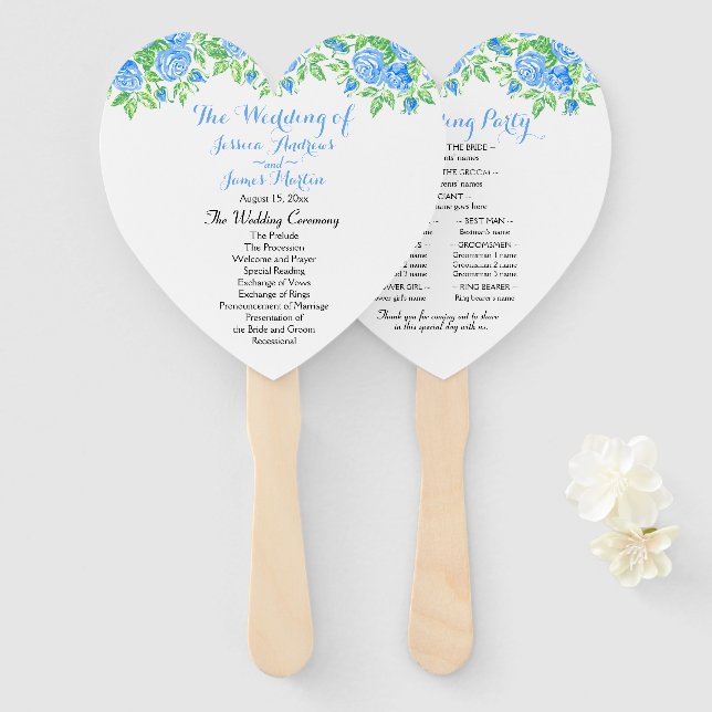Romantic Blue Roses Floral Heart Wedding Program Hand Fan (Front and Back)