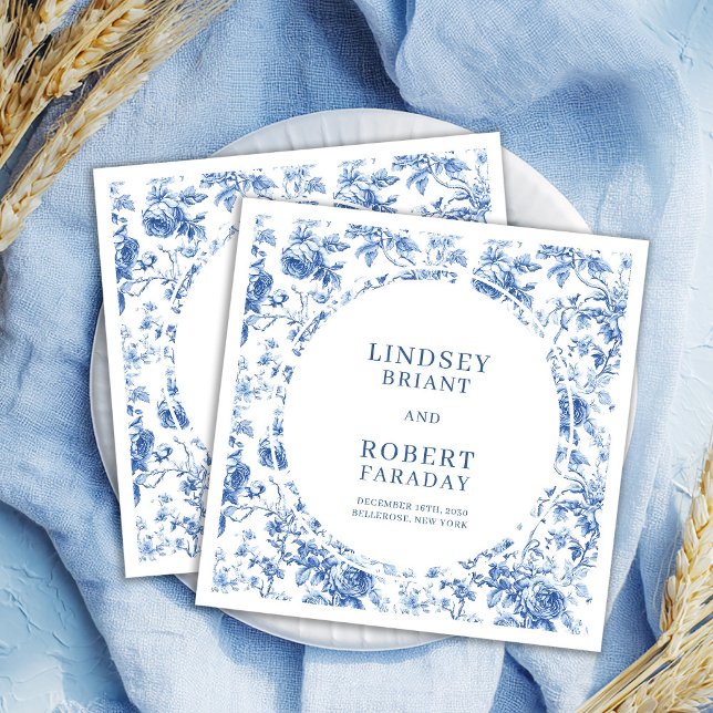 Romantic Blue Roses Toile Personalized Wedding  Napkin (Romantic Blue Roses Toile Personalized Wedding Napkins)