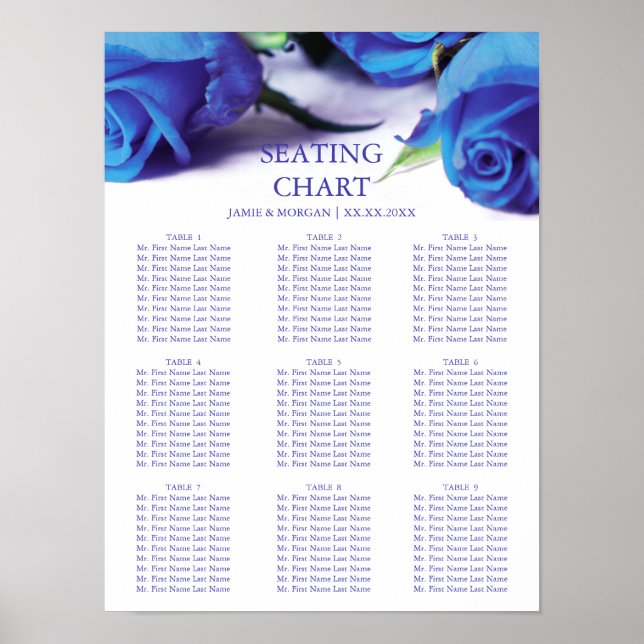 Romantic Blue Roses Wedding Seating Chart (Front)