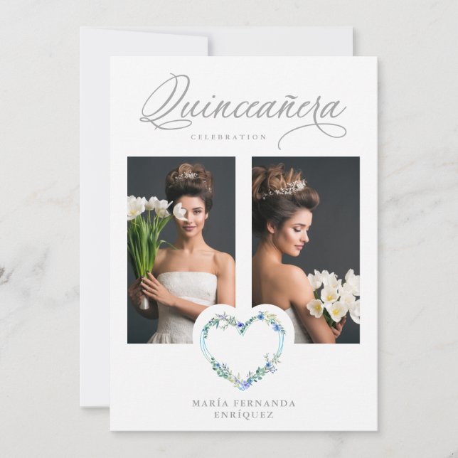 Romantic Blue Shades Floral Heart Photo XV años (Front)