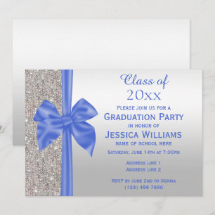 Romantic Blue Silk Bow, Silver Sequins Graduation Invitation