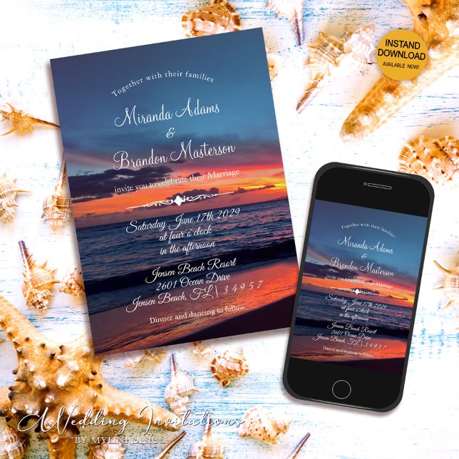 Romantic Blue Sunset Tropical Beach Wedding Invitation (Creator Uploaded)