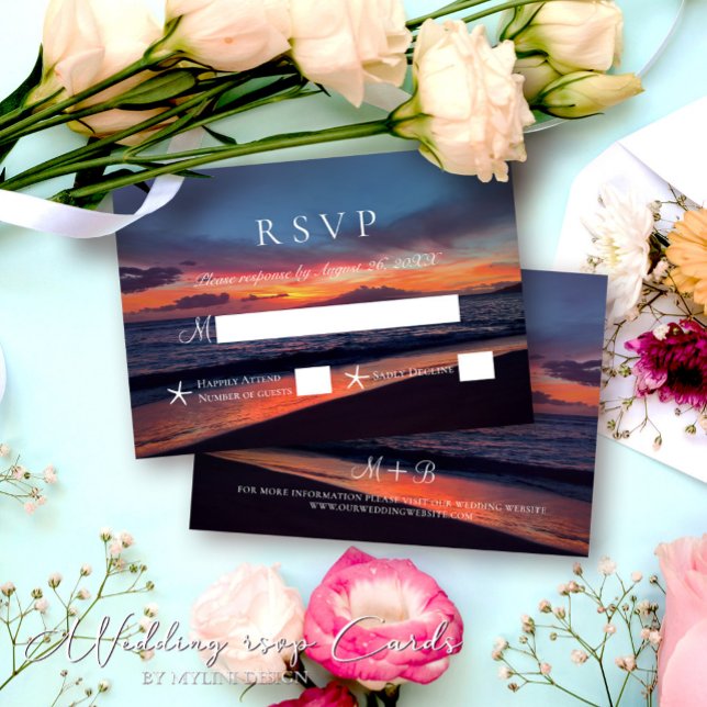 Romantic Blue Sunset Tropical Summer Beach Wedding RSVP Card (Creator Uploaded)