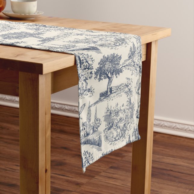 Romantic Blue Toile de Jouy, French country style Long Table Runner (In Situ)