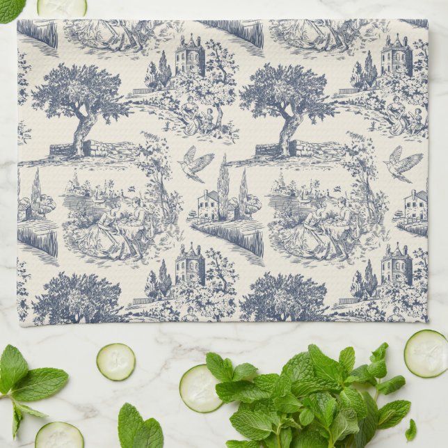 Romantic Blue Toile de Jouy, French country style Tea Towel (Folded)