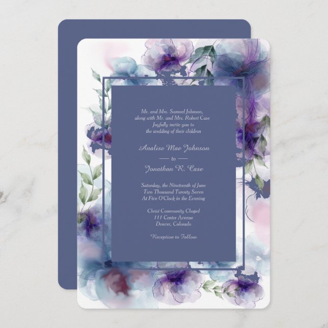 Romantic Blue Watercolor Floral Formal Wedding Invitation (Front/Back)