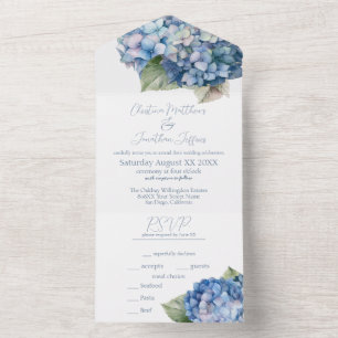 Romantic Blue Watercolor Hydrangea Flowers All In One Invitation