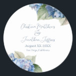 Romantic Blue Watercolor Hydrangea Flowers Classic Round Sticker<br><div class="desc">These romantic floral wedding stickers feature watercolor blue hydrangeas. A delicate bouquet of hydrangea flowers is pictured on the top,  and another on the bottom left.</div>