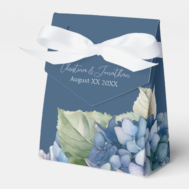 Romantic Blue Watercolor Hydrangea Flowers on Navy Favour Box (Front Side)