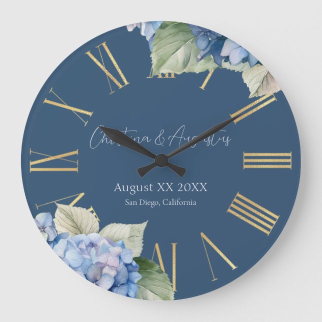 Romantic Blue Watercolor Hydrangea Flowers on Navy Large Clock (Front)