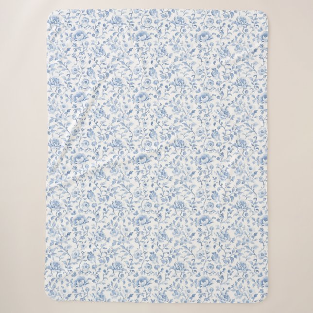Romantic Blue White Floral  Sherpa Blanket (Front)