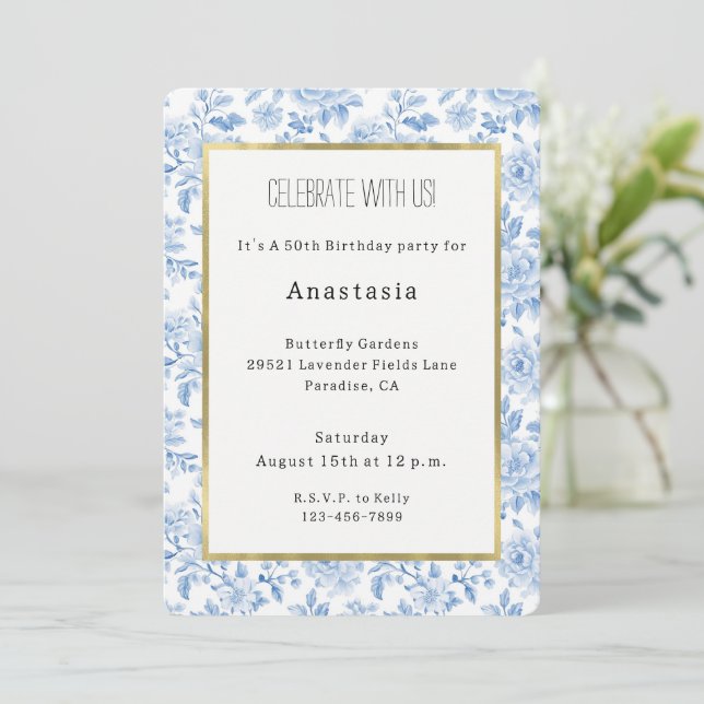 Romantic Blue White Flowers Birthday Invitation (Standing Front)