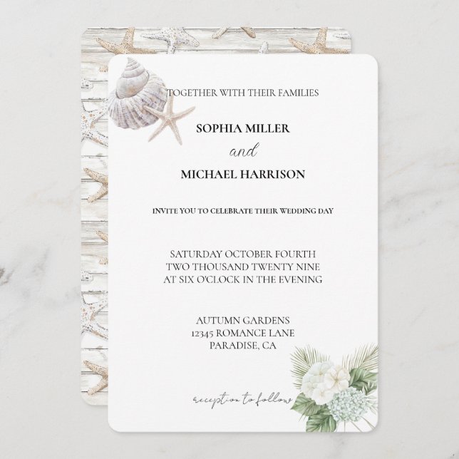 Romantic Blue White Hydrangea Floral Beach Wedding Invitation (Front/Back)