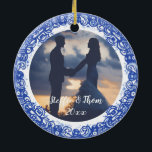 Romantic Blue & White Willow Photo Birds Wedding Ceramic Tree Decoration<br><div class="desc">Inspired by the classic, romantic story of love birds on Blue Willow pottery, this photo ornament in crisp, timeless blue and white features your photo, names and date on one side, and the immortalised flying birds on the other. Both sides have Blue Willow chinoiserie borders. This ornament is easy to...</div>
