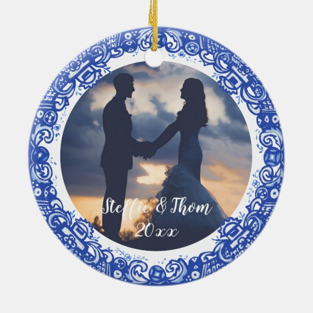 Romantic Blue & White Willow Photo Birds Wedding Ceramic Tree Decoration (Back)