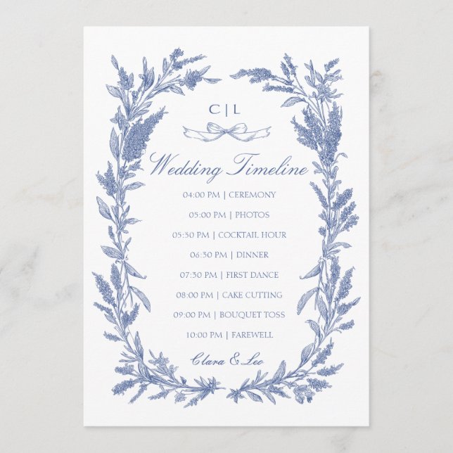 Romantic Blue Wildflower Wreath Wedding Timeline  Programme (Front)