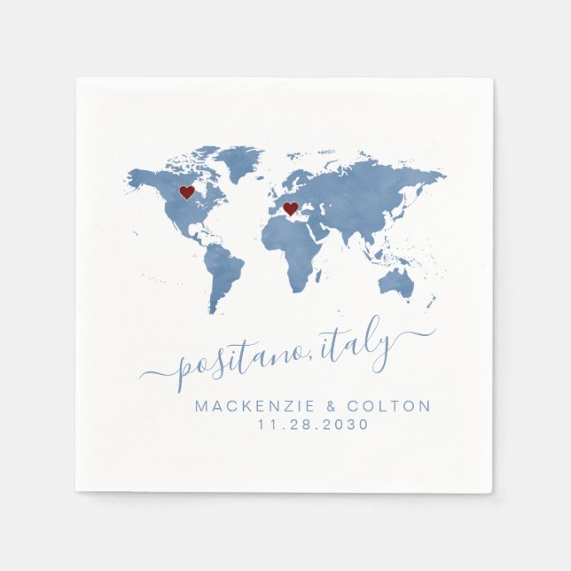 Romantic Blue World Map Watercolor Moveable Hearts Napkin (Front)