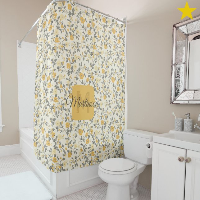 Romantic Blue Yellow Floral Monogram Name   Shower Curtain (Creator Uploaded)