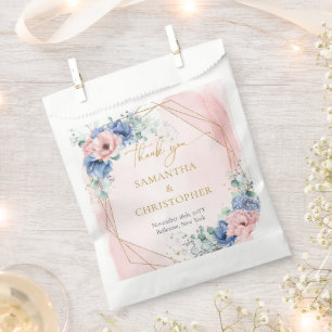 Romantic blush and blue floral eucalyptus gold favour bags
