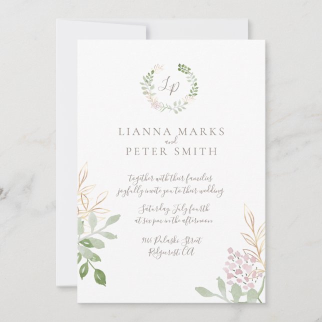 Romantic Blush and Gold Floral Wedding Invitation (Front)