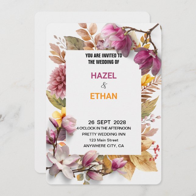 Romantic Blush & Autumn Botanical Wedding Invite (Front/Back)