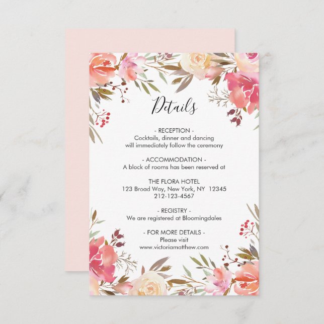Romantic Blush Bloom Floral Wedding Details Invitation (Front/Back)