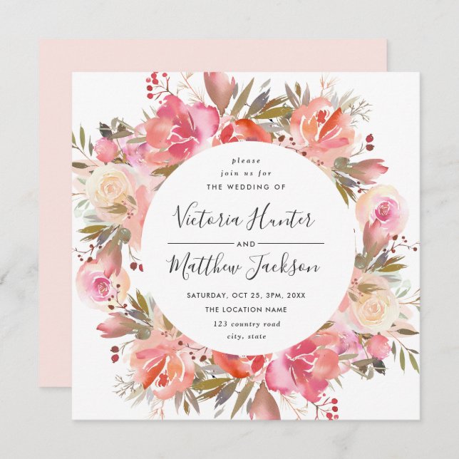 Romantic Blush Bloom Floral Wedding Invitation (Front/Back)