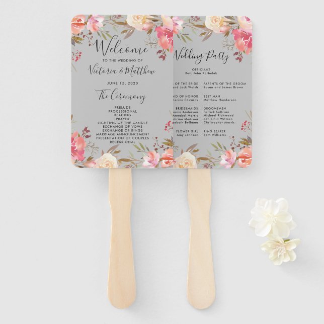 Romantic Blush Bloom Floral Wedding Program Hand Fan (Front and Back)
