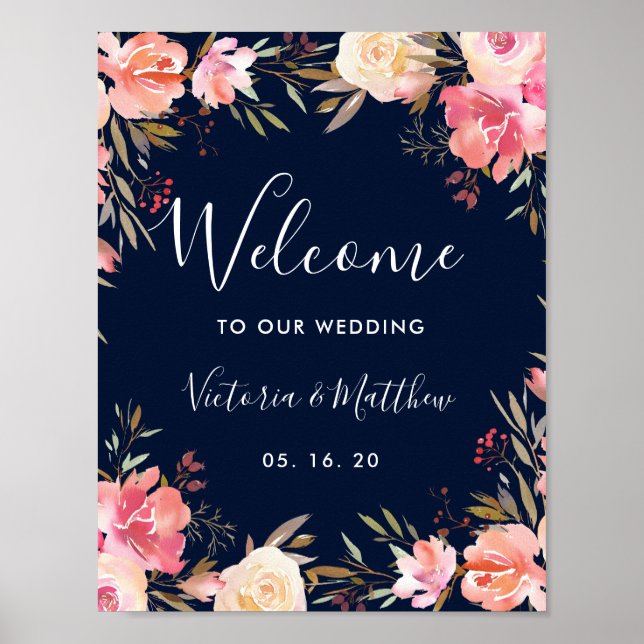 Romantic Blush Bloom Floral Wedding Welcome Sign (Front)