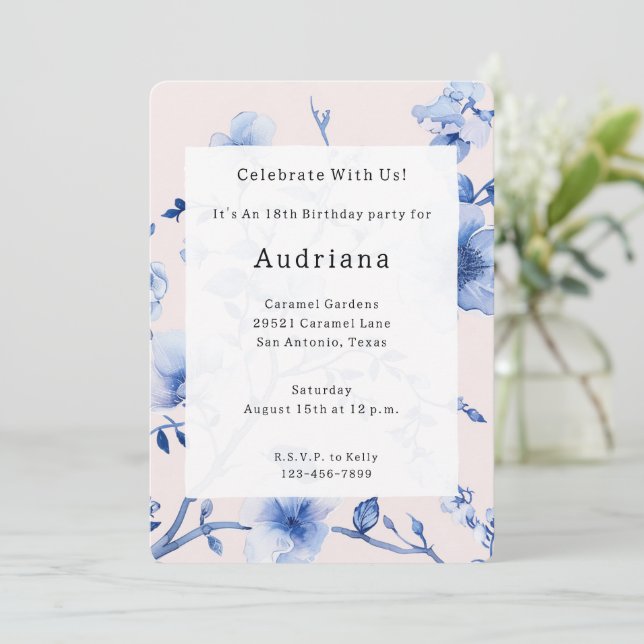 Romantic Blush Blue Floral Birthday Invitation (Standing Front)