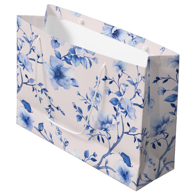 Romantic Blush Blue Floral Bridal Shower Large Gift Bag (Front Angled)