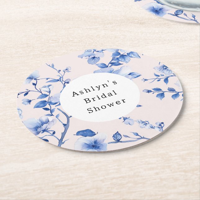 Romantic Blush Blue Floral Bridal Shower Round Paper Coaster (Angled)