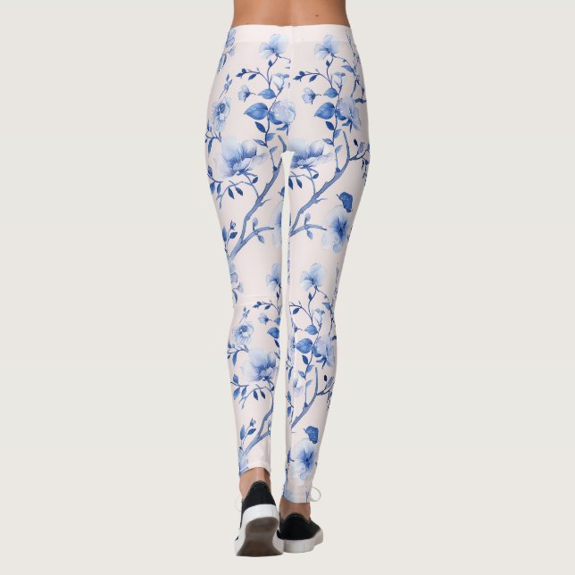 Romantic Blush Blue Floral   Leggings (Back)