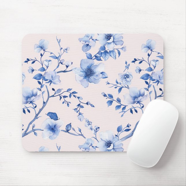 Romantic Blush Blue Floral   Mouse Pad (With Mouse)